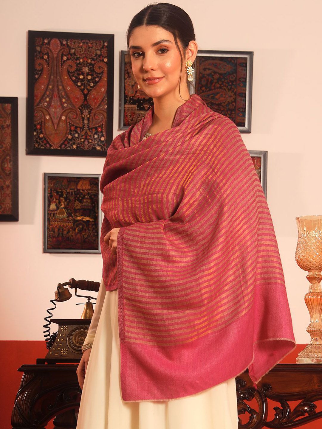 Dhiyona PA Striped Reversible Fringed Border Zari Shawl