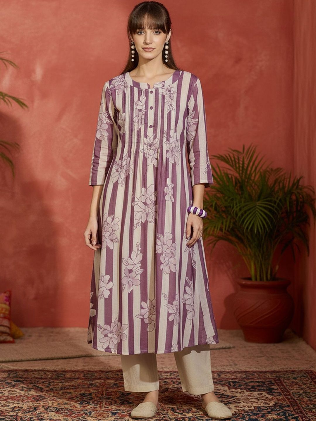 Striped Printed Round Neck Panelled Pure Cotton Kurta With Trousers