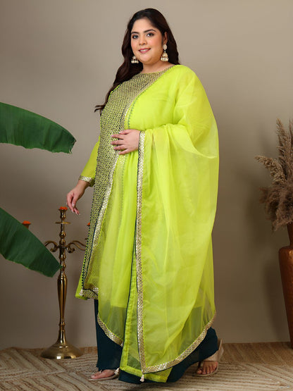Dhiyona IN Women Plus Size Geometric Foil and Zari Embroidered Kurta Set with Dupatta