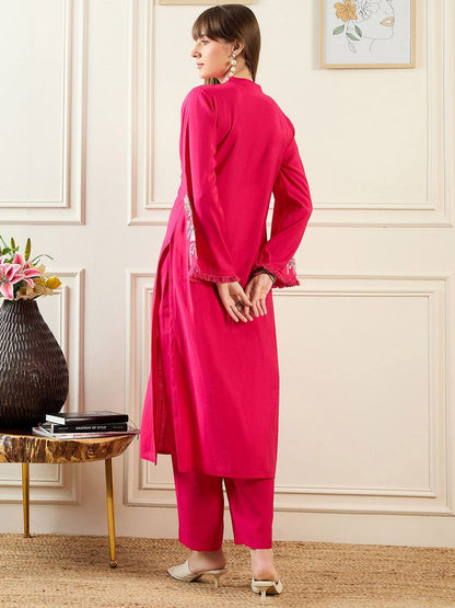 Self Design Mandarin Collar Bell Sleeves Straight Kurta With Trousers