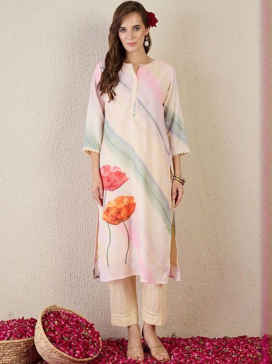 Women Floral Printed Linen Kurta with Trousers & Dupatta