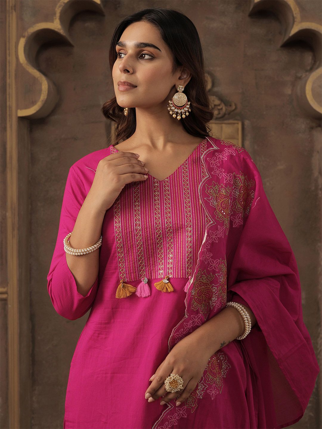 Ethnic Motifs Embroidered Thread Work Pure Cotton Kurta With Trousers & Dupatta