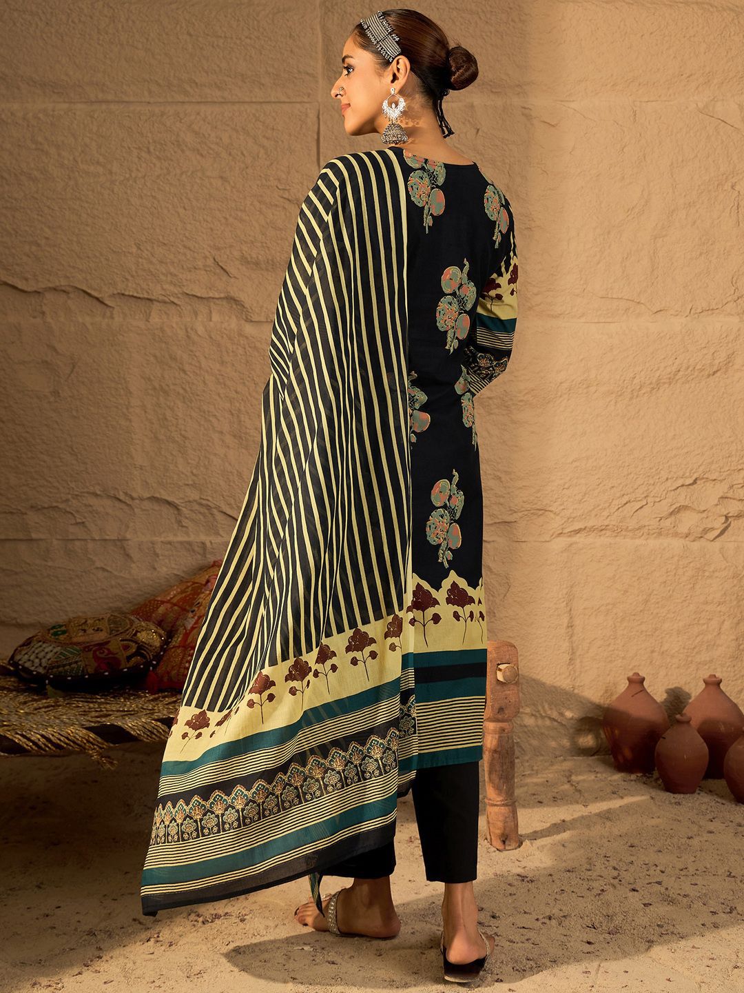 Women Floral Printed Pure Cotton Kurta with Trouser & Dupatta