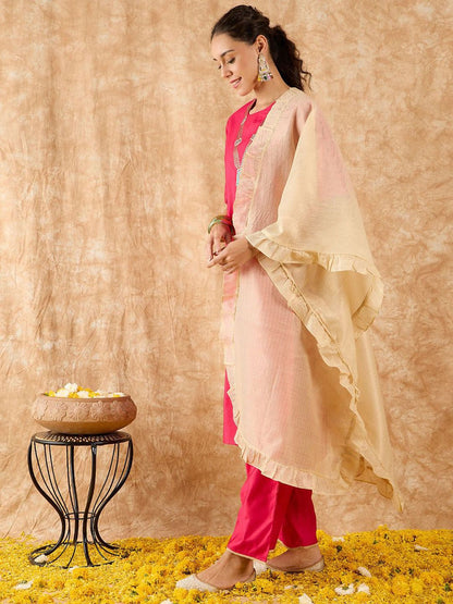 Ethnic Motifs Yoke Design Straight Thread Work Liva Kurta with Palazzos & Dupatta