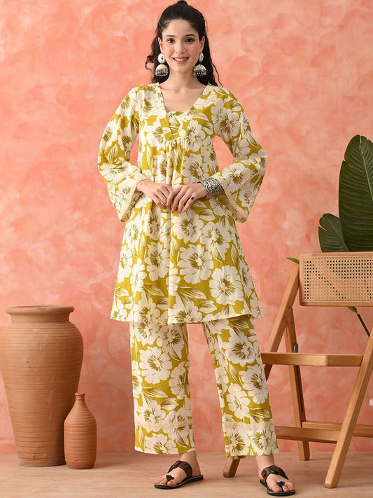 Dhiyona SN Women's Floral Printed Cotton Kurta with Trousers