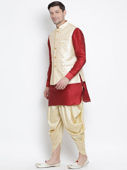 Men's Maroon Silk Blend Straight Jacket  Kurta and Dhoti Set