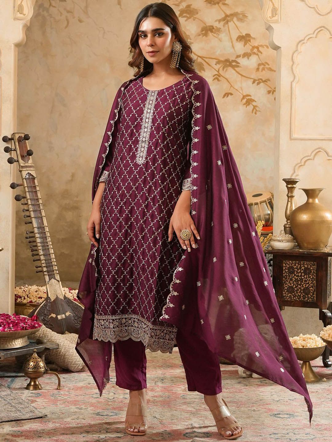 Women Ethnic Motifs Embroidered Regular Sequinned Kurta with Trousers & Dupatta