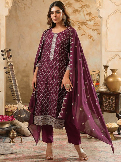 Women Ethnic Motifs Embroidered Regular Sequinned Kurta with Trousers & Dupatta