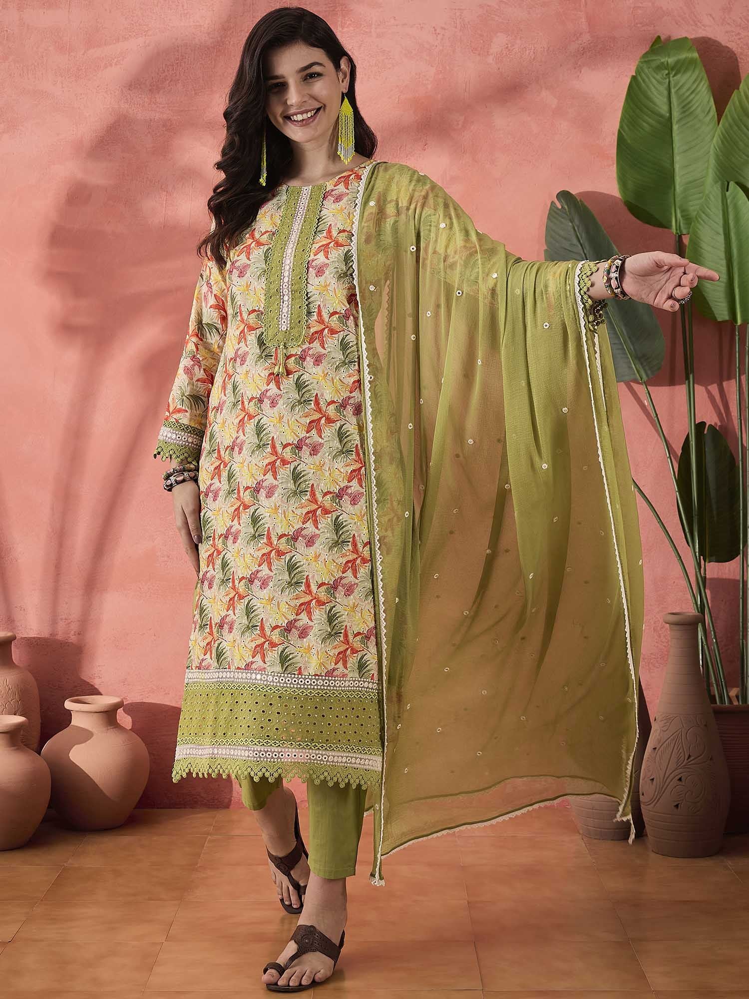 Dhiyona SN Women's Green Floral Printed Round Neck Pure Cotton Kurta With Trousers & Dupatta