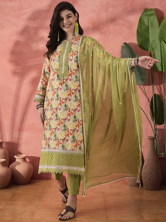 Dhiyona SN Women's Green Floral Printed Round Neck Pure Cotton Kurta With Trousers & Dupatta