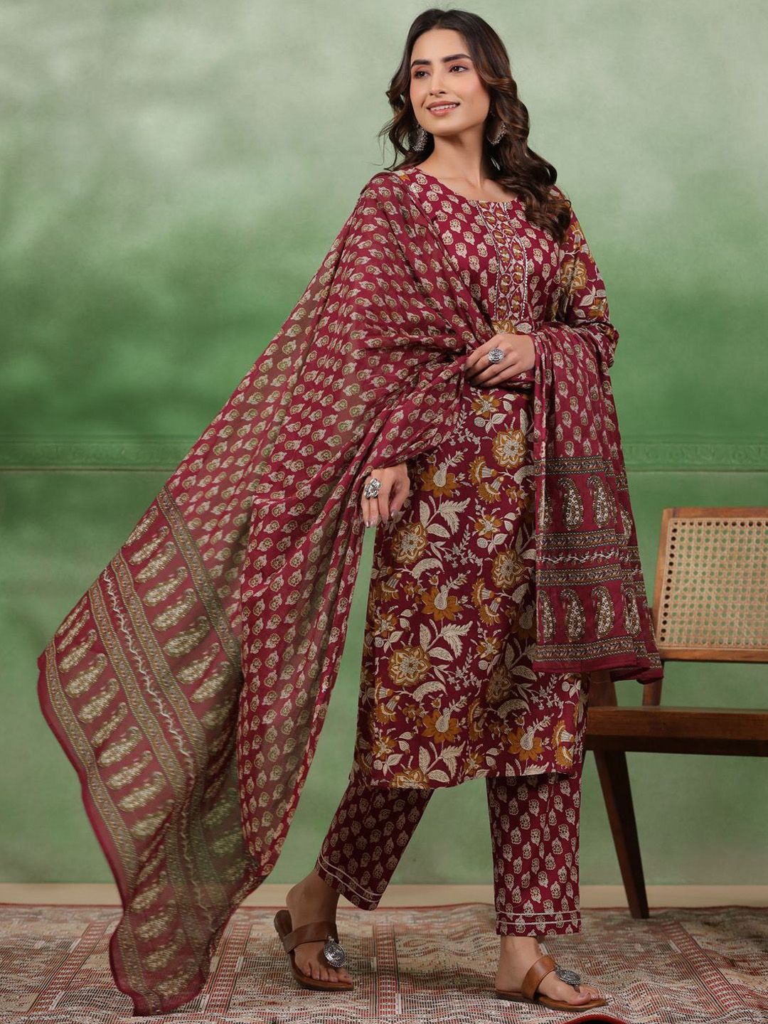 Dhiyona SN Women's Maroon Floral Printed Round Neck Pure Cotton Kurta With Trousers & Dupatta