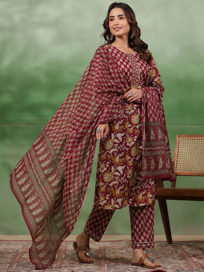 Dhiyona SN Women's Maroon Floral Printed Round Neck Pure Cotton Kurta With Trousers & Dupatta