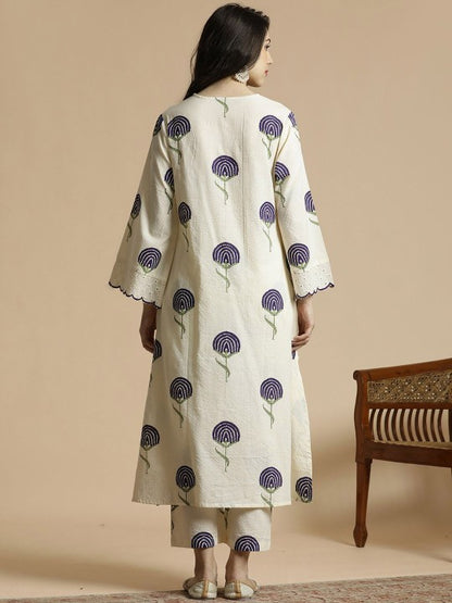 Women's Floral Printed Bell Sleeves Thread Work Pure Cotton A-Line Kurta With Palazzos