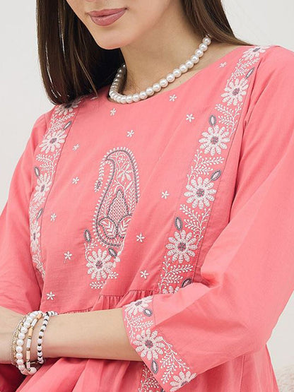 Dhiyona IE Floral Embroidered Pure Cotton Round Neck Tunic With Trousers