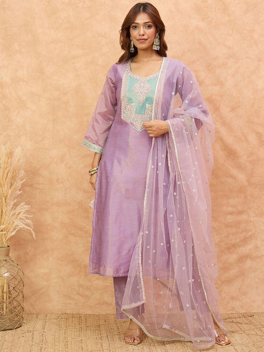 Dhiyona VA Women's Ethnic Motifs Yoke Design Zari Kurta with Trousers & Dupatta