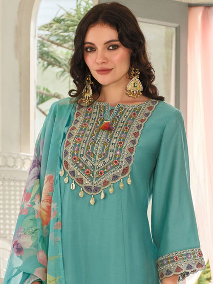Dhiyona IE Women's Ethnic Motifs Embroidered Regular Mirror Work Kurta With Trousers & Dupatta