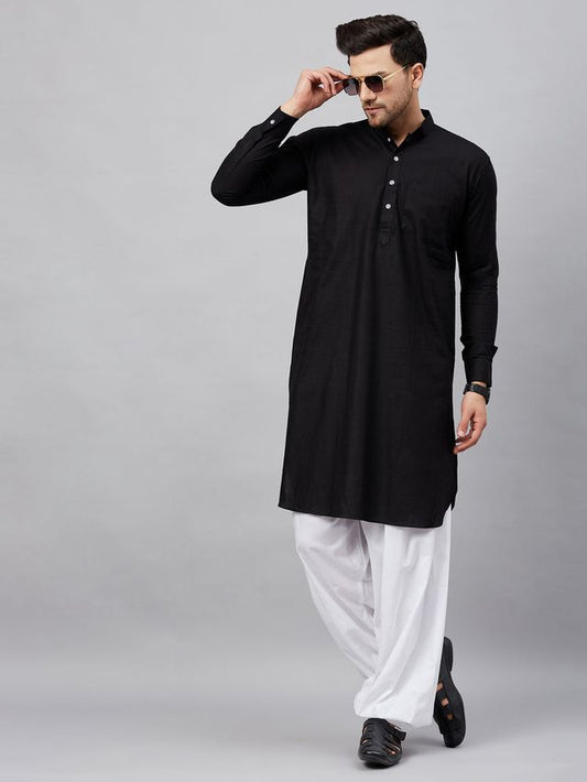 Men's Black Cotton Linen Pathani Pathani Kurta Set