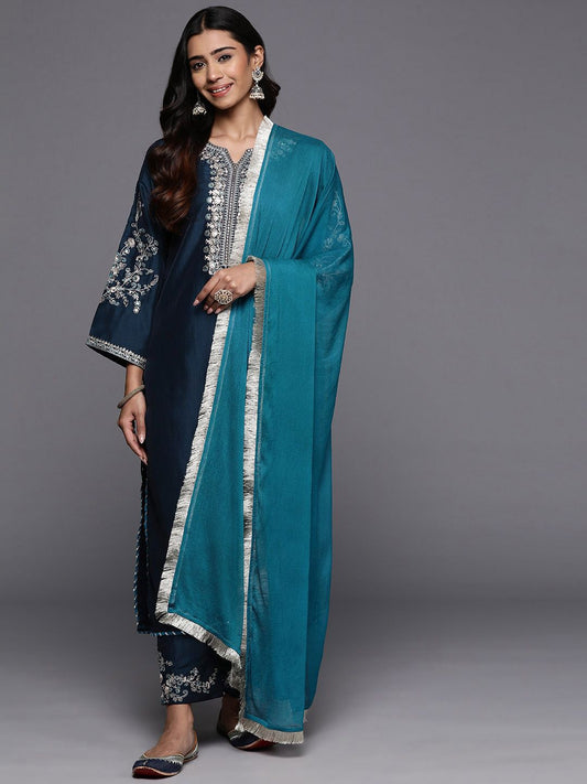 Dhiyona VA Women'sFloral Yoke Design Notch Neck Zari Straight Kurta With Trousers & Dupatta