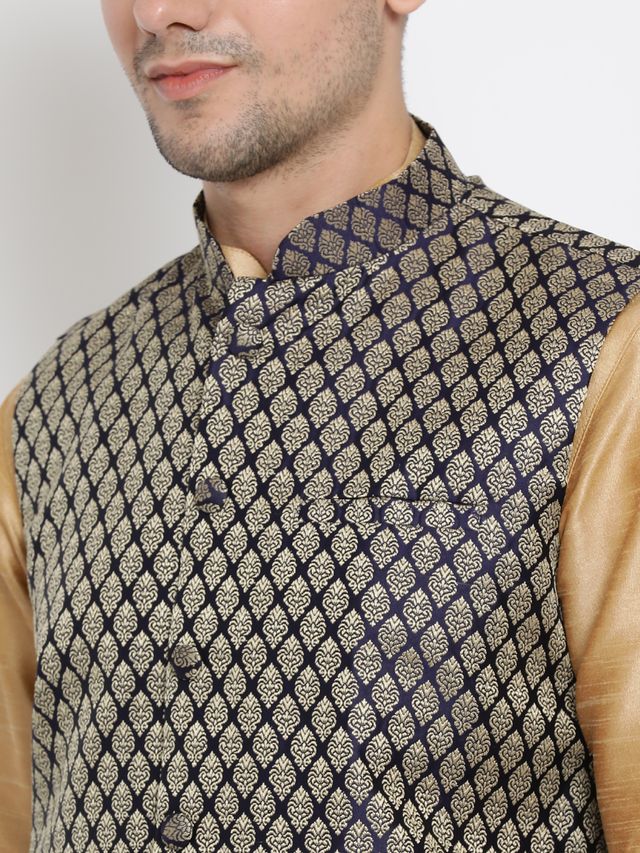 Men's Gold Silk Blend Straight Jacket  Kurta and Dhoti Set