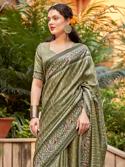 Women's Cotton Blend Olive Printed Designer Saree With Blouse Piece