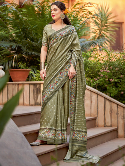 Women's Cotton Blend Olive Printed Designer Saree With Blouse Piece