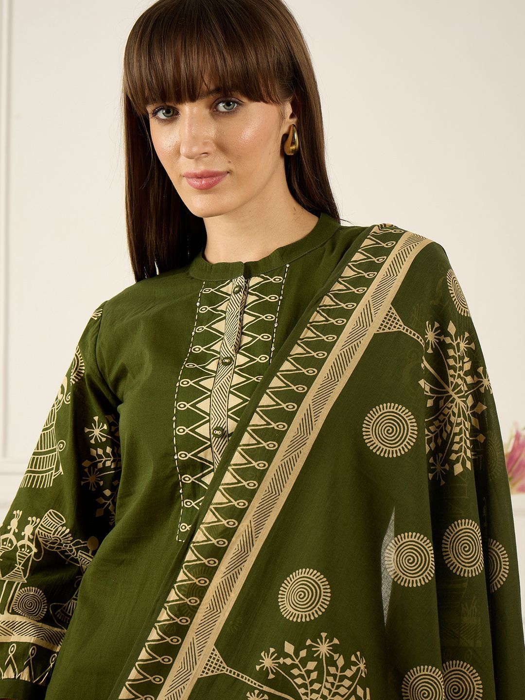 Floral Printed Thread Work Pure Cotton Kurta With Palazzos & Dupatta