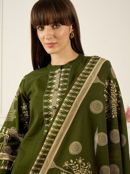 Floral Printed Thread Work Pure Cotton Kurta With Palazzos & Dupatta