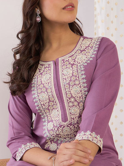 Floral Embroidered Thread Work Yoke Design Round Neck Straight Kurta With Trouser