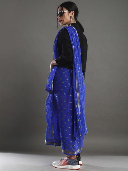 Women's Nylon Blue Solid Designer Saree With Blouse Piece