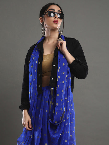 Women's Nylon Blue Solid Designer Saree With Blouse Piece