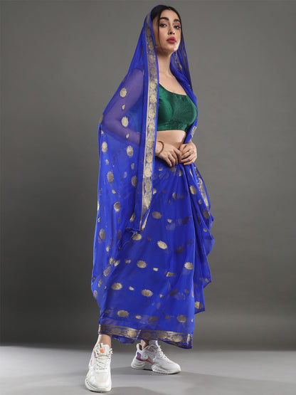 Women's Nylon Blue Solid Designer Saree With Blouse Piece