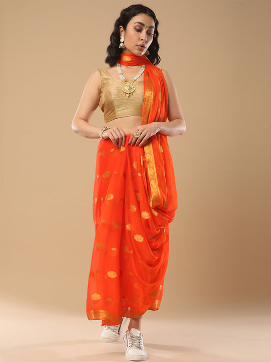 Women's Nylon Orange Solid Designer Saree With Blouse Piece