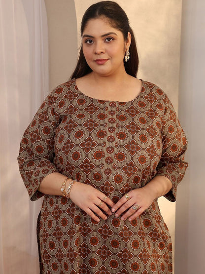 Dhiyona Women's Plus Size Ethnic Motifs Printed Kurta with Trousers & Dupatta