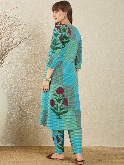 Dhiyona IE Printed V-Neck Three-Quarter Sleeves Pure Cotton Tunic And Trousers