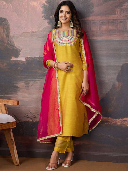 Dhiyona PD Women Embroidered Straight Kurta & Trousers With Dupatta