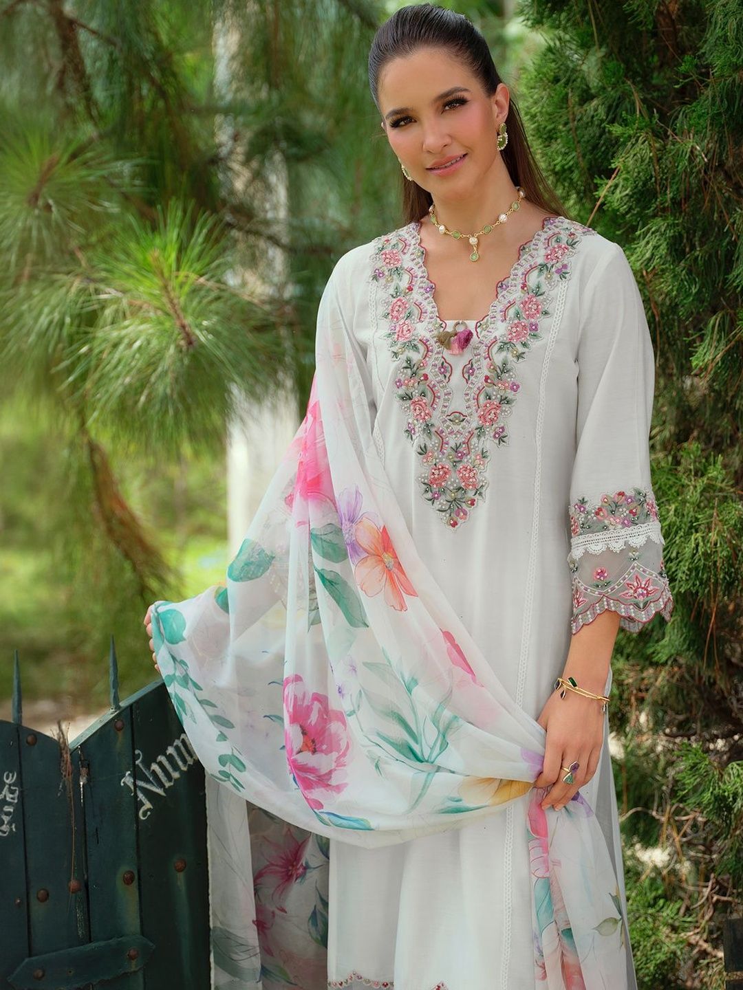 Floral Yoke Design Notch Neck Thread Work A-Line Kurta & Dupatta with Trousers