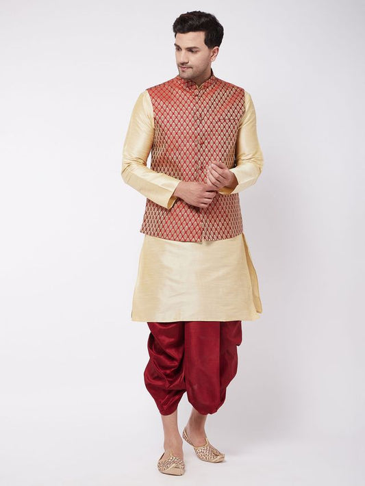 Men's Gold Silk Blend Straight Jacket  Kurta and Dhoti Set