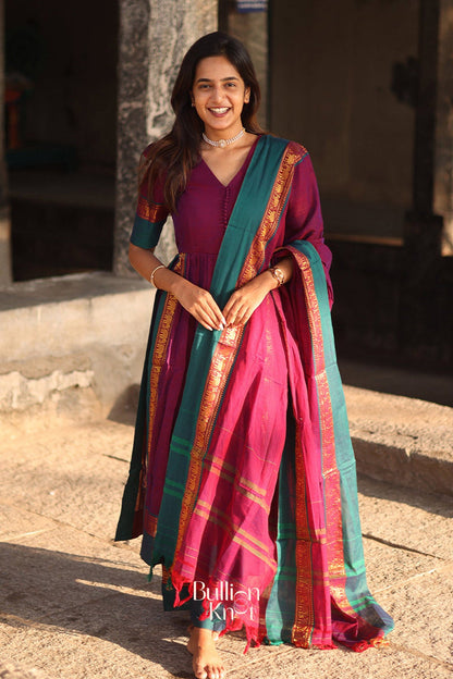 Dhiyona BN Narthaki Handloom Magenta V-neckline Suit Set