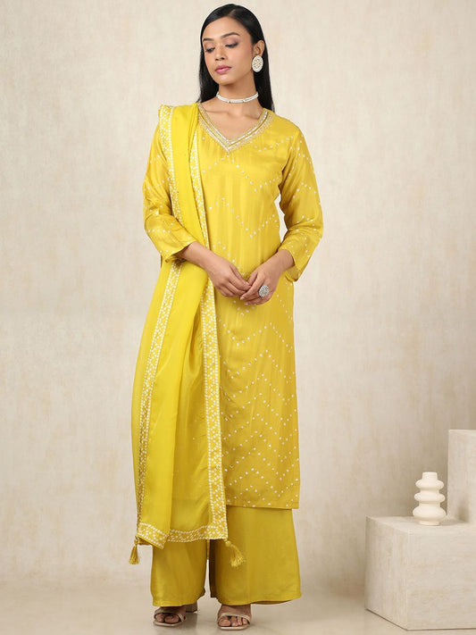 Dhiyona SO Women's Ethnic Motifs Printed Beads And Stones V-Neck Straight Kurta With Palazzos & Dupatta