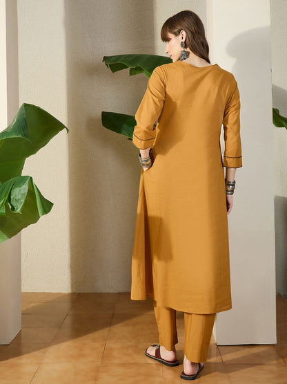 Women Mustard Embroidered A-Line Kurta Trousers Set