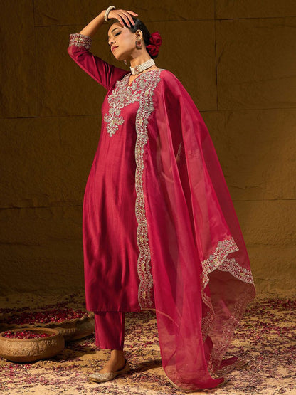 Dhiyona IE Ethnic Motifs Embroidered Thread Work Liva Straight Kurta With Trousers & Dupatta