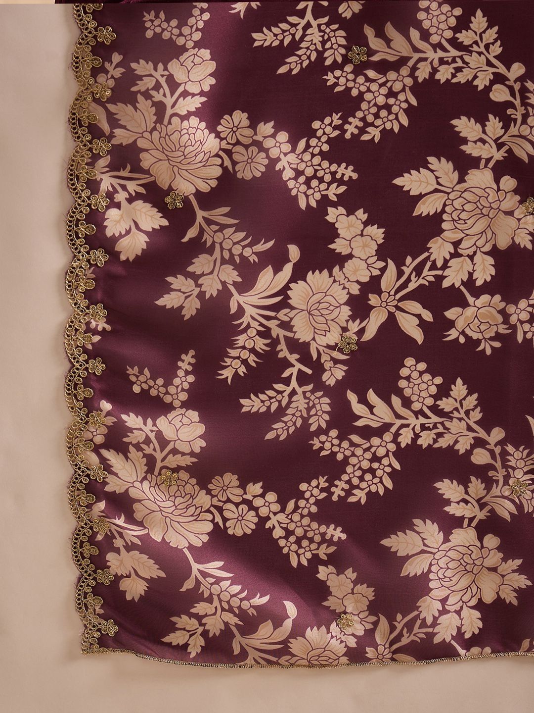 Floral Embroidered Straight Zari Work Kurta With Trousers & Dupatta