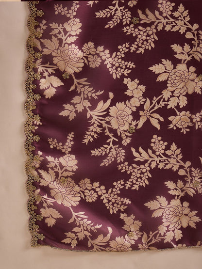 Floral Embroidered Straight Zari Work Kurta With Trousers & Dupatta