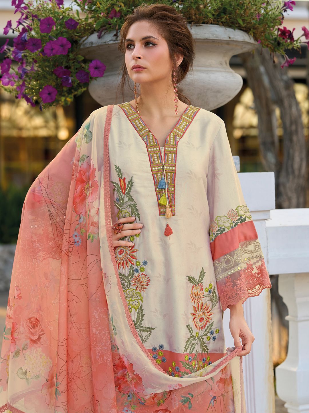 Dhiyona IE Women's Floral Embroidered Mirror Work Kurta with Trousers & Dupatta