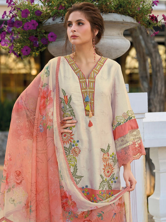 Dhiyona IE Women's Floral Embroidered Mirror Work Kurta with Trousers & Dupatta