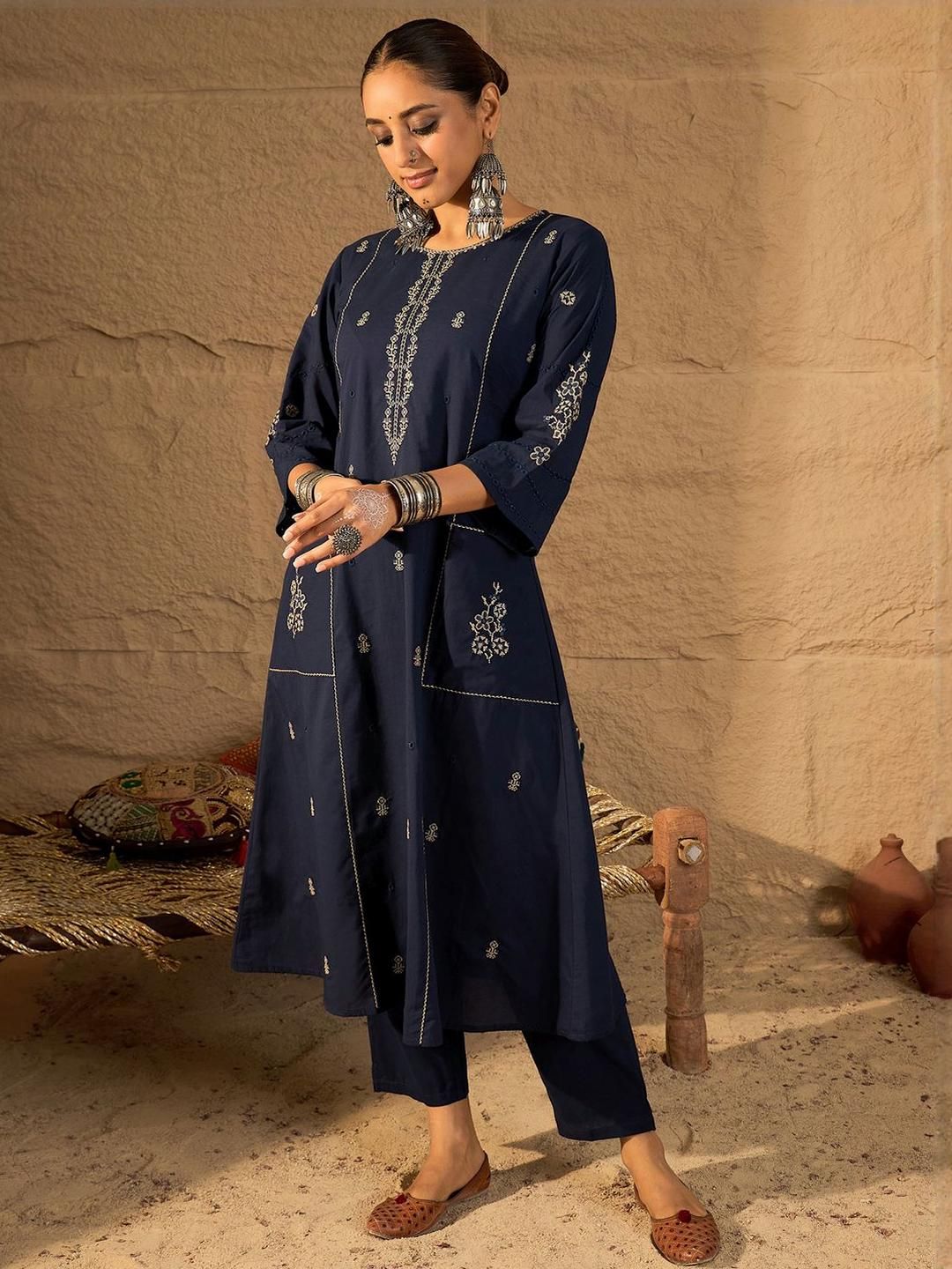 Dhiyona IE Embroidered Round Neck Pure Cotton Tunic With Trousers