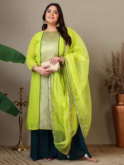 Dhiyona IN Women Plus Size Geometric Foil and Zari Embroidered Kurta Set with Dupatta