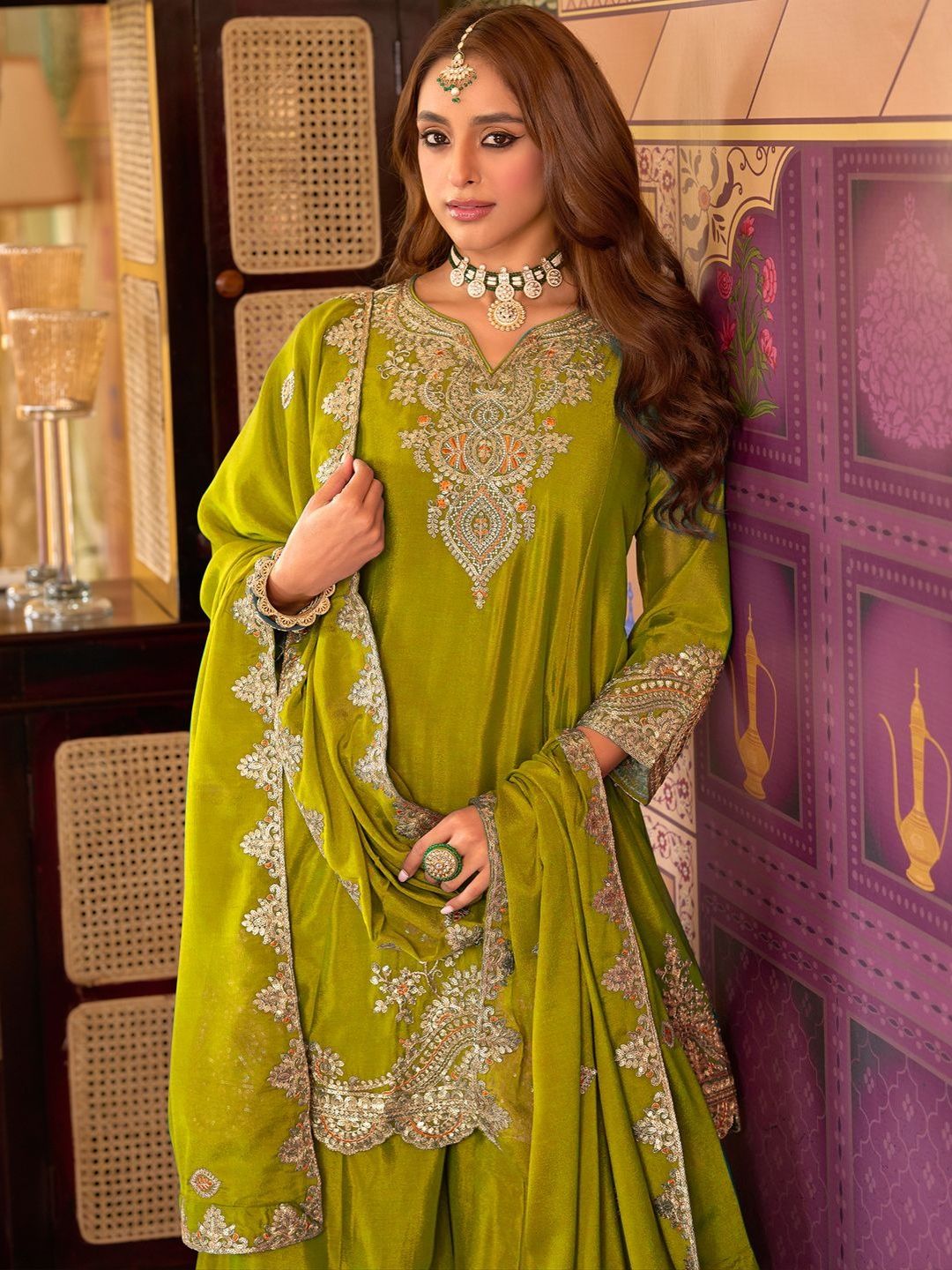 Dhiyona IE Women Ethnic Motifs Embroidered Kurta with Sharara & Dupatta