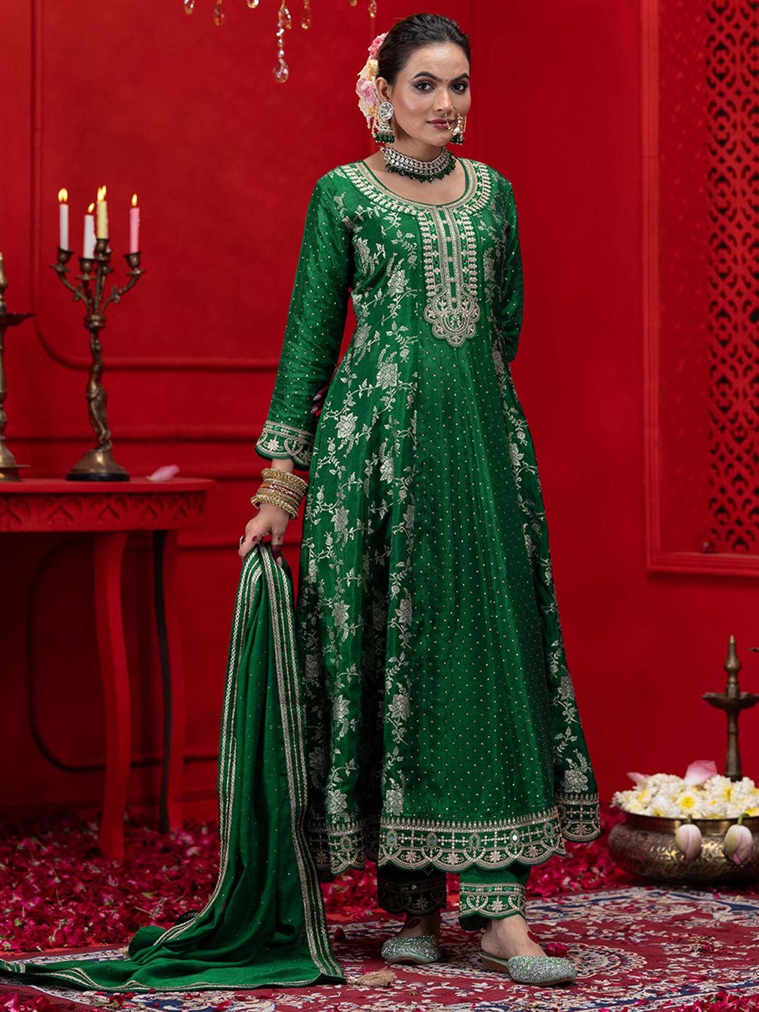 Dhiyona CH Women Ethnic Motifs Embroidered Pleated Kurta with Trousers & Dupatta