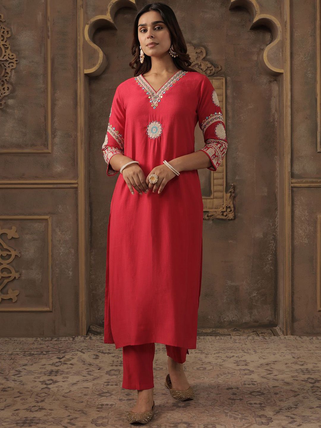 Floral Embroidered V-Neck Mirror Work Straight Kurta With Trousers